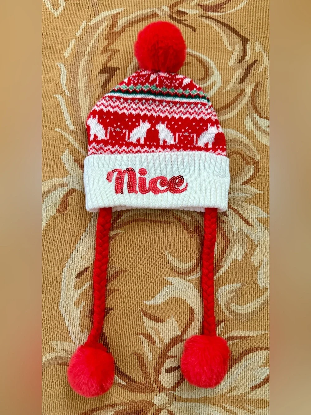 Little Cat Or Dog Christmas Holiday Santa Hat Naughty/Nice Pom Poms Red White
